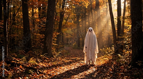 Spooky Ghost Figure Standing in Autumn Woods