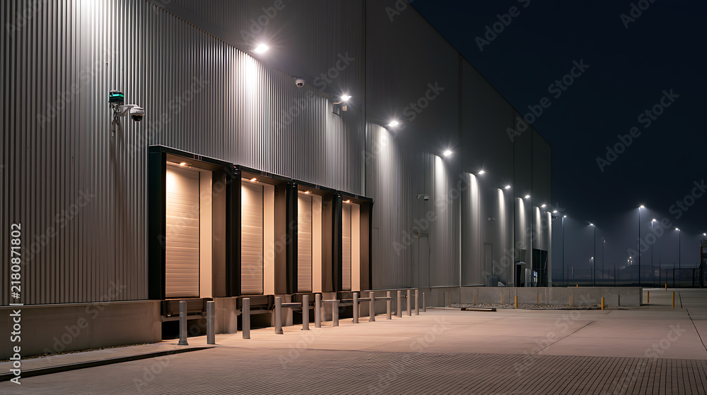 Obraz premium Modern industrial warehouse exterior at night featuring illuminated loading docks, security cameras, and corrugated metal wall panels setup