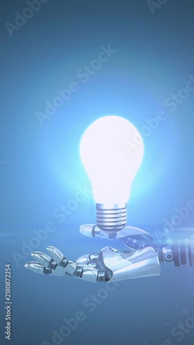 Animation of illuminated light bulb over hand of robot arm with illuminated light on dark background
