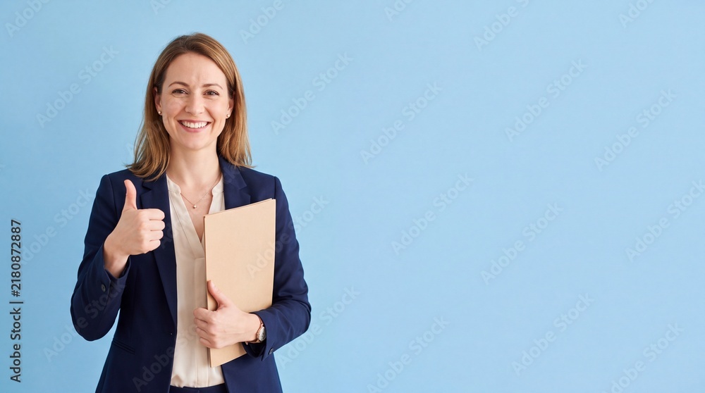 Fototapeta premium A smiling woman with blonde hair wearing a navy blue blazer and a light blouse stands ad social media download thambnail poster web template event festival 2026 2027 2028