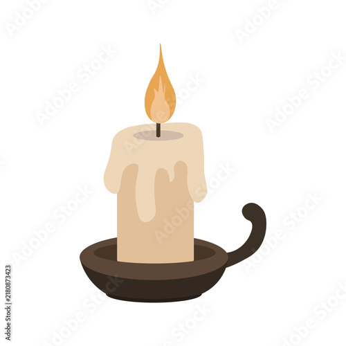 Burning candle in a candlestick. Cute melting wax candle with fire flame for cozy home decor and interior illustration. Flat vector illustration isolated on white background.