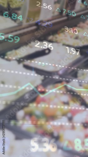 Animation of financial data processing over food in restaurant