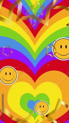 Animation of pride lgbtq, smiley faces and stars falling over rainbow heart background
