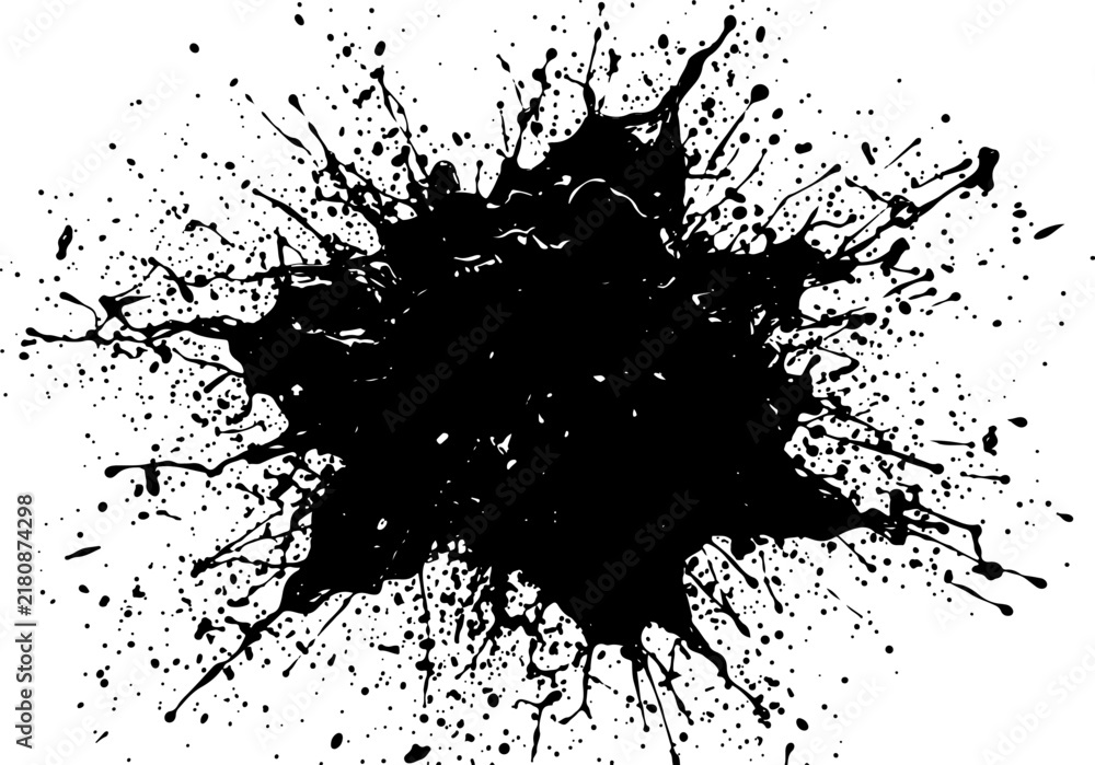 Fototapeta premium A high contrast black ink splatter isolated on a white background showing artistic chaotic drips and rough textured paint splashes