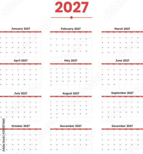2027 Annual Calendar Template with Monthly Grid, Clean Minimal Layout and Red Accent Design