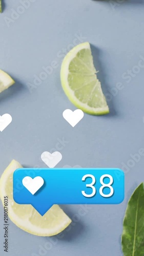 Heart icons and like counter animation over lemon slices and green leaves