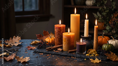Burning autumn candles glowing softly among vibrant fall leaves and rustic pumpkins on a dark stone table during golden hour