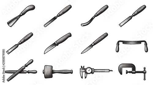 Illustration of woodcraft measuring tools and carving knives for traditional joinery work.