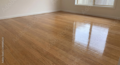 Newly varnished glossy hardwood floor in an empty apartment room reflecting bright sunlight streaming through windows after complete floor restoration