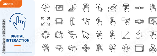 User interface technology line icon set. Vector pictograms of touch gestures, pointer cursors, screen controls, and navigation elements, thin linear illustration.