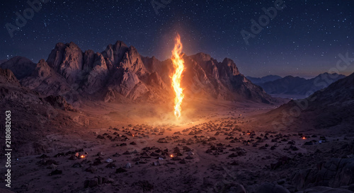 A brilliant vertical column of fire blazes against the twilight sky illuminating the rugged desert mountain terrain and distant encampments.