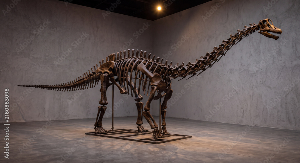 Obraz premium A prehistoric dinosaur skeleton fossil mounted in an active walking pose is spotlighted in a spacious paleontology exhibition hall of a natural history museum