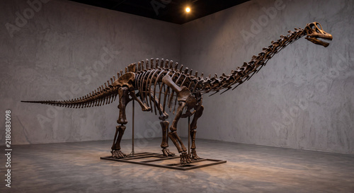 A prehistoric dinosaur skeleton fossil mounted in an active walking pose is spotlighted in a spacious paleontology exhibition hall of a natural history museum
