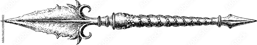 Obraz premium Ornamental antique spear engraving isolated on white background for medieval design decorative poster and historical background use