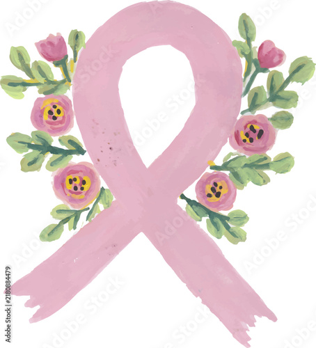 Watercolor Pink Ribbon with Floral Accents Isolated