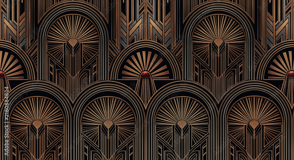 Elegant art deco pattern with geometric arches and golden sunburst details