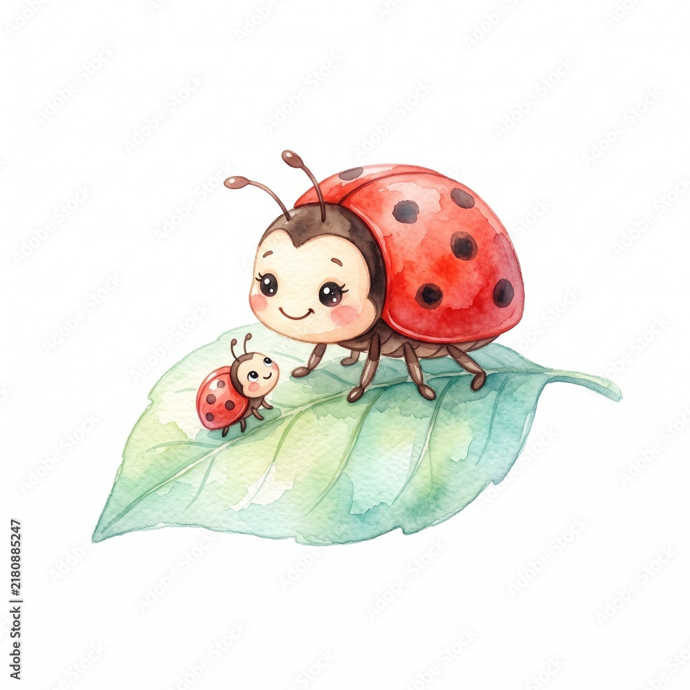 Fototapeta premium Cute watercolor illustration of a mother ladybug and her baby ladybug sitting on a green leaf