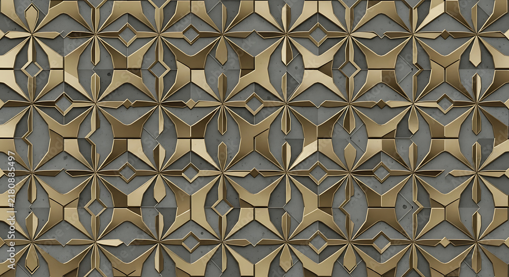 Intricate geometric pattern with metallic gold accents on a dark gray background