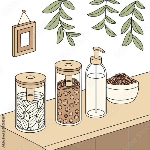 Zero waste kitchen pantry organization with glass storage jars and dispenser bottles