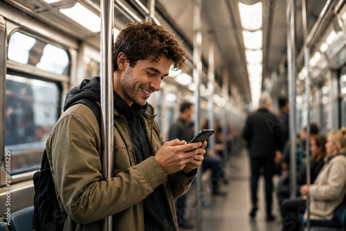 Young man smiling at smartphone while commuting on subway