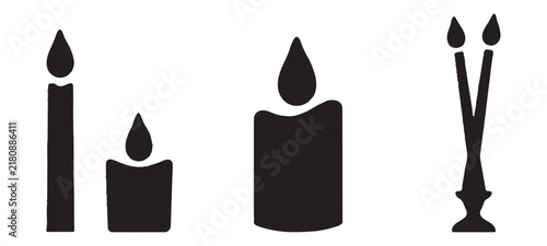 Simple black lit candle shapes including tall taper candle and thick pillar candle for cozy vibes.