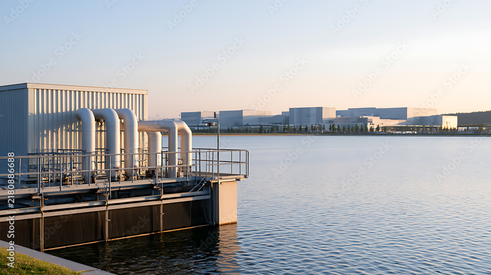 Fototapeta premium Industrial water treatment facility with complex pipeline infrastructure situated near a large natural lake during calm sunset daylight hours