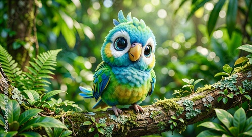 Cute Kawaii Colorful Parrot Bird Sitting on Mossy Jungle Branch – Adorable 3D CGI Wildlife