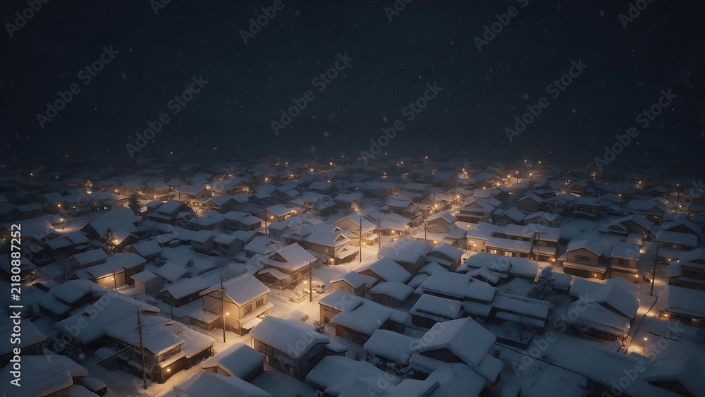 Fototapeta premium An aerial photograph of a traditional Japanese residential area covered in thick white snow at night.
