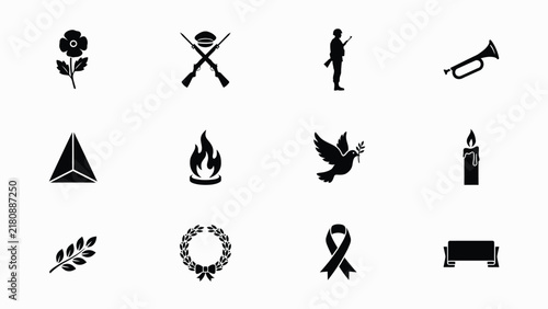 Fotografie Collection of twelve symbolic black and white icons representing themes of remem