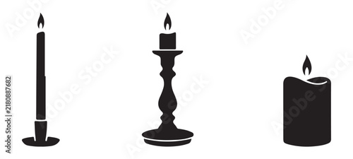 Minimalist candle silhouettes featuring tall taper candle and thick pillar candle with flame icon.