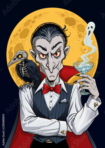 Photography Comic style vampire count Dracula holding a skull cocktail with a skeletal raven on his shoulder under a full moon