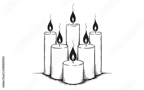 Принти на полотні Group of burning candles hand drawn sketch on transparent background for memorial day or vigil