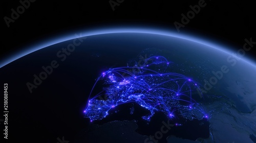 Europe continent with glowing blue network connections, a luminous digital web of data routes over a dark planetary surface for global telecommunications and cloud infrastructure, copy space