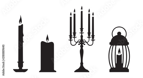 Black silhouette icons of traditional wax candles candelabra and vintage lantern for moody decor.