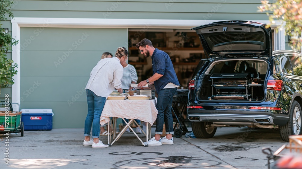Fototapeta premium Folding table set up in a driveway with a car hatch open, featuring relaxed preparation for a home gathering with copy space above
