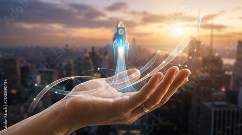 Rocket launch hologram hovering above an open human hand with a city skyline at sunset in the background.