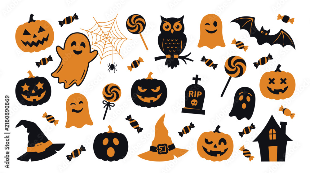 Fototapeta premium Halloween festive vector collection, orange and black pumpkins ghosts bats candy and spooky symbols for holiday decorations, invitations and seasonal designs
