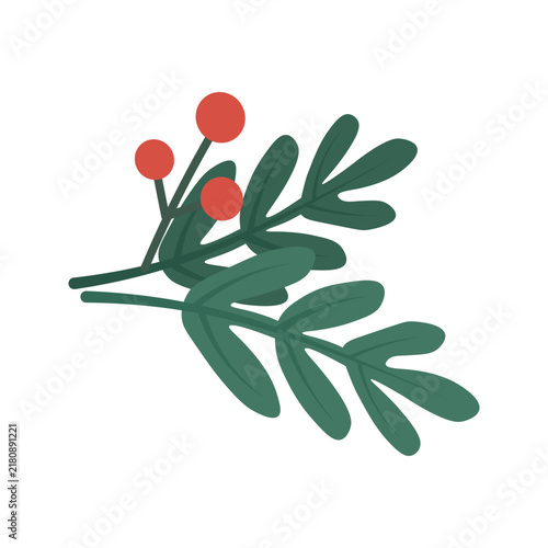 Pine branch with red berries icon. Winter holiday plant and festive nature element for Christmas design. Flat vector illustration isolated on white background.
