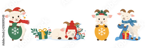 Cute Christmas goats collection with small winter animals in Santa hats and scarves holding gifts and ornaments. New Year flat vector illustration set isolated on white background.