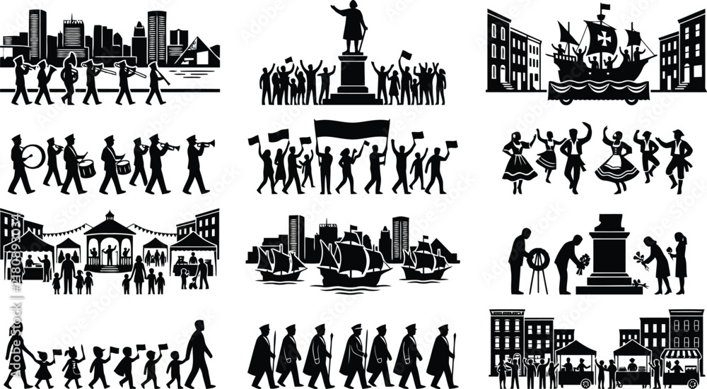 Fototapeta premium Collection of black silhouettes depicting historical public events, parades, city celebrations, and community gatherings in a flat style