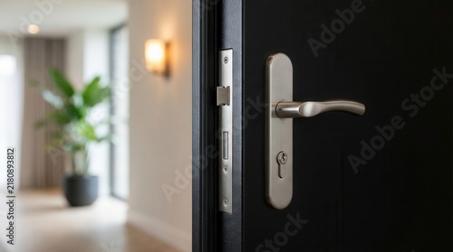 Close up of a modern black armored apartment door ajar with metal handle and mortise lock.