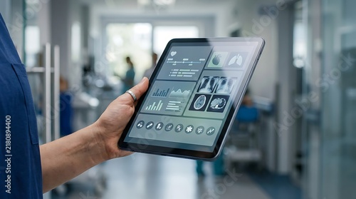 Digital tablet displaying medical records and patient data is held by a healthcare professional in a modern hospital hallway.