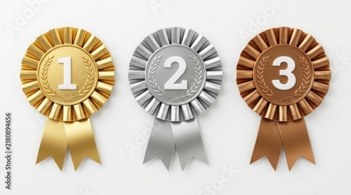 Gold silver and bronze award rosettes with numbers 1 2 3 and ribbons for achievement and victory.
