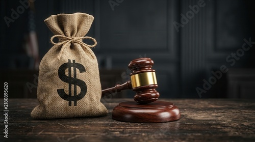 Wooden judge gavel on table beside a money bag with dollar sign representing legal financial penalties.