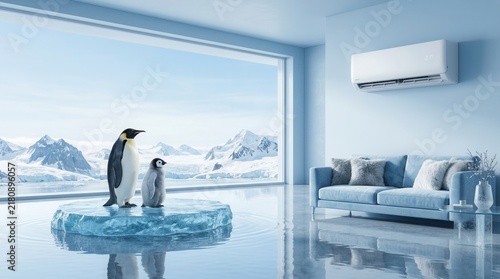 Two penguins stand on an ice floe in a modern living room with an AC unit and Antarctic landscape outside the window.