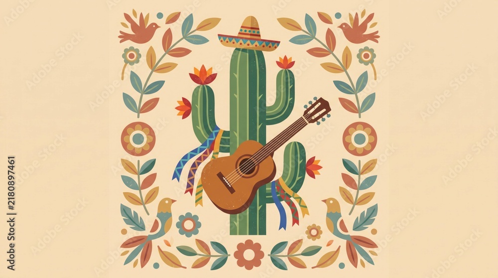 Fototapeta premium Mexican cactus with guitar instrument background vector illustration celebrating Cinco de Mayo traditional folk festival holiday design