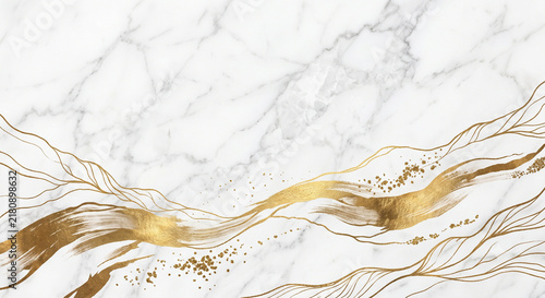 White Marble Background with Elegant Gold Curved Line Border Minimal Luxury Invitation Wallpaper