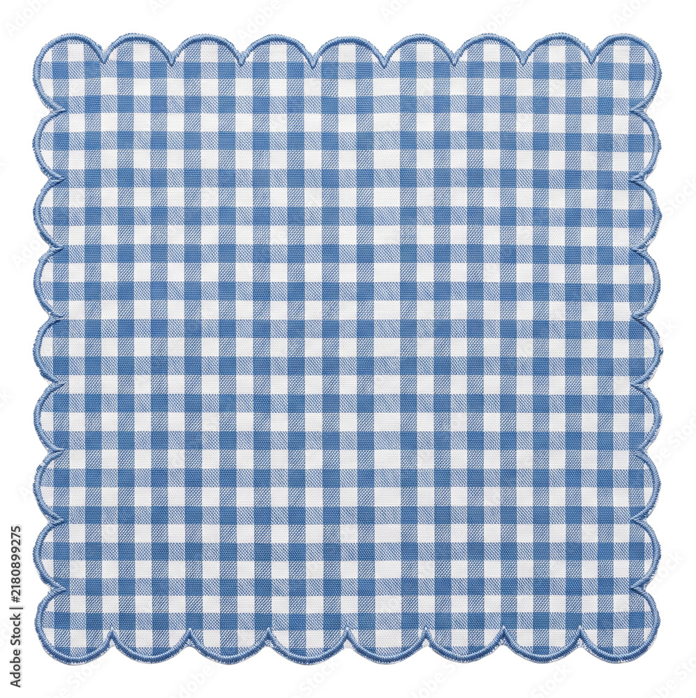 Obraz premium Blue and white gingham fabric panel with scalloped edges
