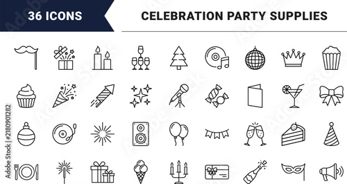 Celebration event party supplies line icon set. Vector pictograms of birthday, decoration, hat, and cake elements, thin linear illustration.