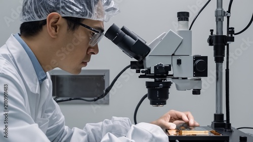 Semiconductor Engineer Inspecting Microchip Wafer Under Microscope